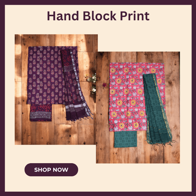 Hand Block Print Unstitched Salwar Suit Set with Dupatta for women