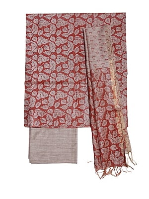 Kalamkari Print Red Unstitched Silk Salwar Suit Dress Material with Dupatta