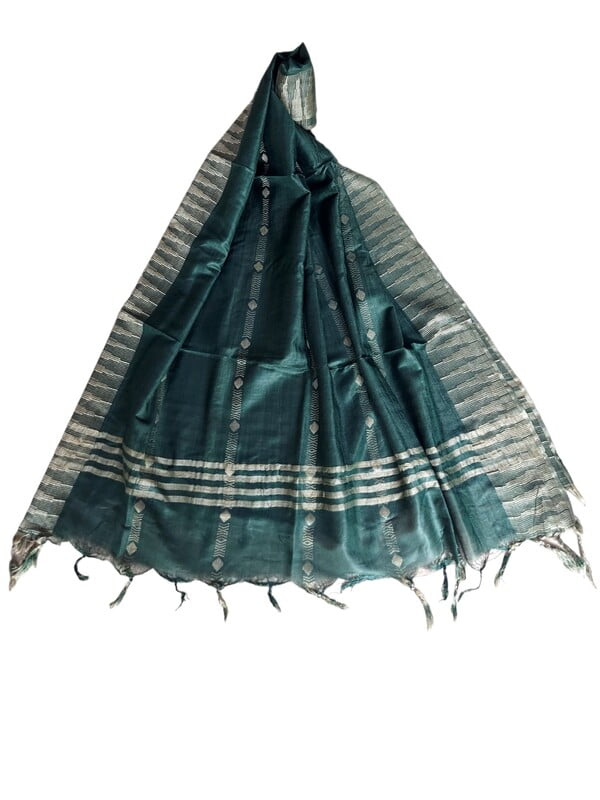Green Striped Cotton Silk Dupatta with Temple Border Green Striped Cotton Silk Dupatta with Temple Border