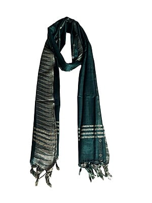 Green Striped Cotton Silk Dupatta with Temple Border Green Striped Cotton Silk Dupatta with Temple Border