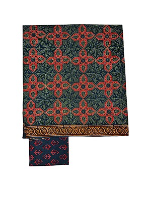 Green & Indigo Unstitched Hand block Print Cotton Salwar Suit Set with Linen Dupatta for Women Green & Indigo Unstitched Hand block Print Cotton Salwar Suit Set with Linen Dupatta for Women
