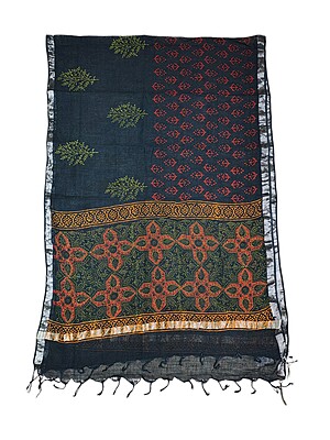 Green & Indigo Unstitched Hand block Print Cotton Salwar Suit Set with Linen Dupatta for Women Green & Indigo Unstitched Hand block Print Cotton Salwar Suit Set with Linen Dupatta for Women