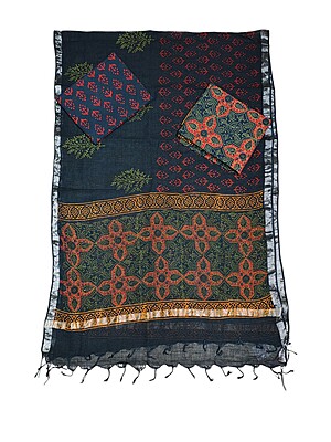 Green & Indigo Unstitched Hand block Print Cotton Salwar Suit Set with Linen Dupatta for Women Green & Indigo Unstitched Hand block Print Cotton Salwar Suit Set with Linen Dupatta for Women