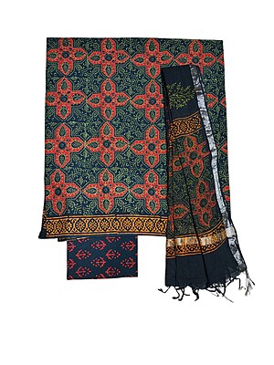 Green & Indigo Unstitched Hand block Print Cotton Salwar Suit Set with Linen Dupatta for Women Green & Indigo Unstitched Hand block Print Cotton Salwar Suit Set with Linen Dupatta for Women
