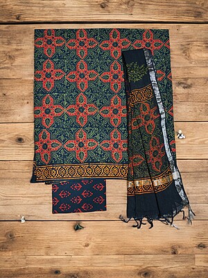 Green & Indigo Unstitched Hand block Print Cotton Salwar Suit Set with Linen Dupatta for Women