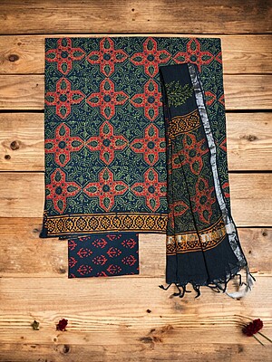 Green & Indigo Unstitched Hand block Print Cotton Salwar Suit Set with Linen Dupatta for Women Green & Indigo Unstitched Hand block Print Cotton Salwar Suit Set with Linen Dupatta for Women
