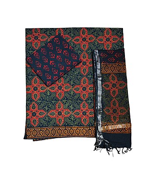 Green & Indigo Unstitched Hand block Print Cotton Salwar Suit Set with Linen Dupatta for Women Green & Indigo Unstitched Hand block Print Cotton Salwar Suit Set with Linen Dupatta for Women