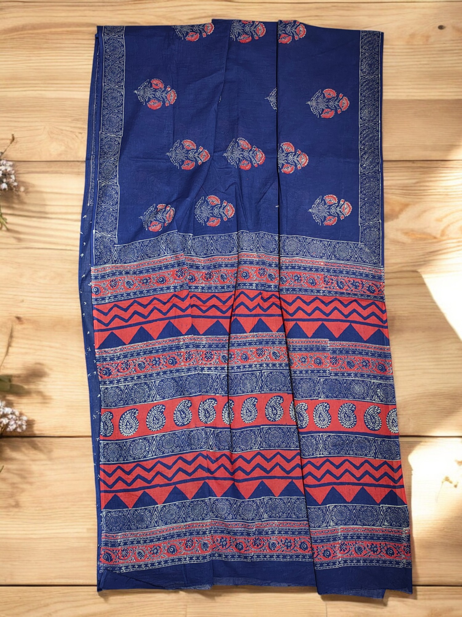 Indigo & Red Hand Block Print Pure Cotton Saree with Running Blouse Indigo & Red Hand Block Print Pure Cotton Saree with Running Blouse