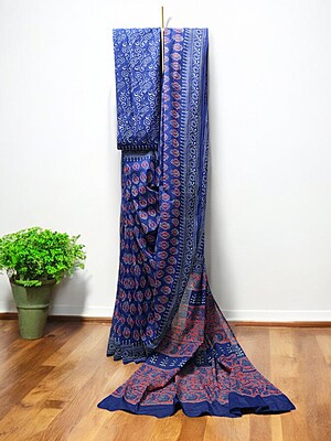 Indigo & Maroon Hand Block Print Pure Cotton Saree with Running Blouse