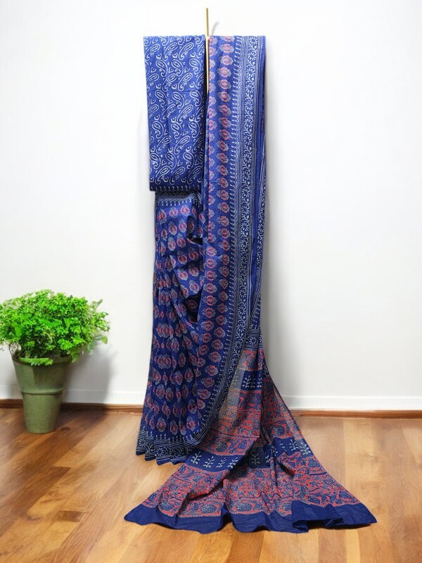 Indigo & Maroon Hand Block Print Pure Cotton Saree with Running Blouse