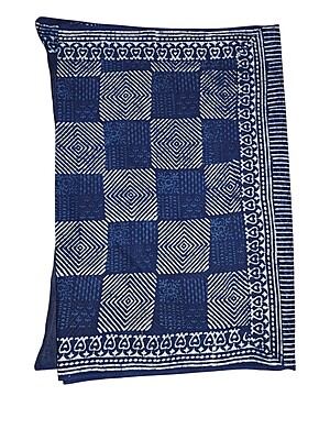Indigo Hand Block Print Cotton Saree with Running Blouse