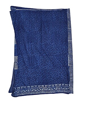 Indigo Hand Block Print Cotton Saree with Running Blouse