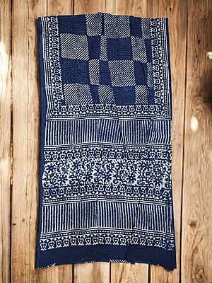 Indigo Hand Block Print Cotton Saree with Running Blouse