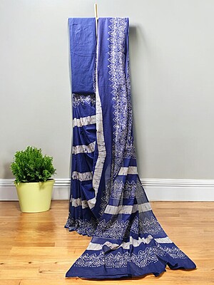 Indigo Hand Block Print Pure Cotton Saree with Running Blouse
