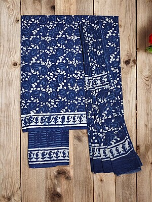 Indigo Unstitched Hand block Print Cotton Salwar Suit Set with cotton Dupatta for Women
