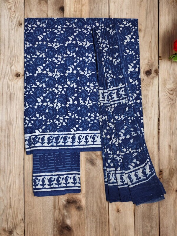 Indigo Unstitched Hand block Print Cotton Salwar Suit Set with cotton Dupatta for Women