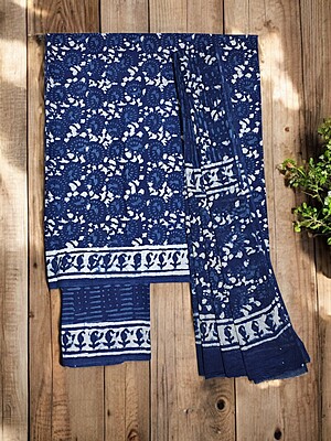 Indigo Unstitched Hand block Print Cotton Salwar Suit Set with cotton Dupatta for Women