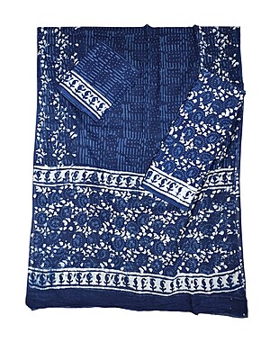 Indigo Unstitched Hand block Print Cotton Salwar Suit Set with cotton Dupatta for Women