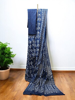 Indigo Batik Print Saree with Running Blouse