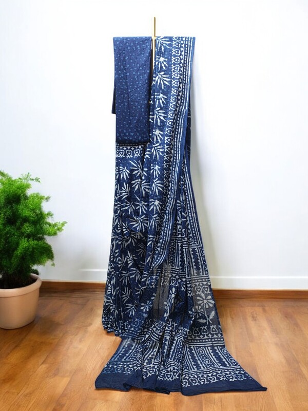 Indigo Batik Print Saree with Running Blouse