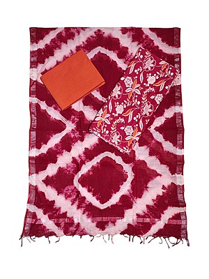 Maroon & Orange Unstitched Hand block Print Cotton Salwar Suit Set with Linen Dupatta for Women