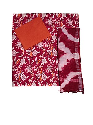 Maroon & Orange Unstitched Hand block Print Cotton Salwar Suit Set with Linen Dupatta for Women