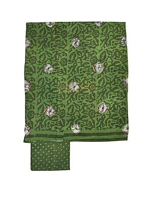 Olive Green Unstitched Hand block Print Cotton Salwar Suit Set with Linen Dupatta for Women