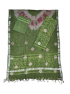 Olive Green Unstitched Hand block Print Cotton Salwar Suit Set with Linen Dupatta for Women