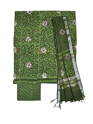 Olive Green Unstitched Hand block Print Cotton Salwar Suit Set with Linen Dupatta for Women
