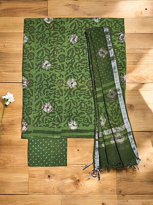 Olive Green Unstitched Hand block Print Cotton Salwar Suit Set with Linen Dupatta for Women