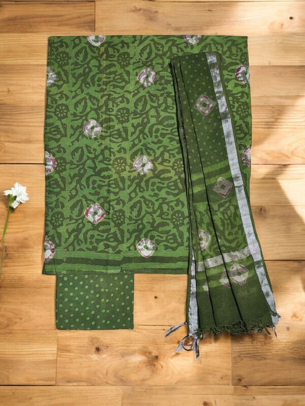 Olive Green Unstitched Hand block Print Cotton Salwar Suit Set with Linen Dupatta for Women