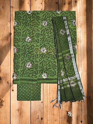 Olive Green Unstitched Hand block Print Cotton Salwar Suit Set with Linen Dupatta for Women