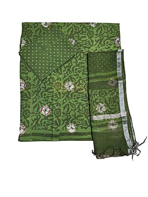 Olive Green Unstitched Hand block Print Cotton Salwar Suit Set with Linen Dupatta for Women