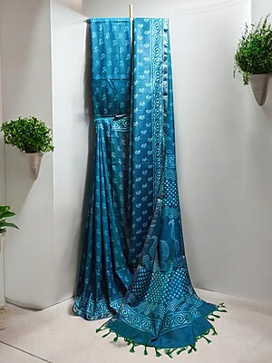 Teal Green Batik Print Saree with Running Blouse