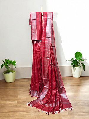 Red & Silver Woven Kota Silk Saree with Running Blouse