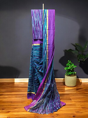 Purple & Green Pochampally Ikkat Cotton Saree with Unstitched Blouse