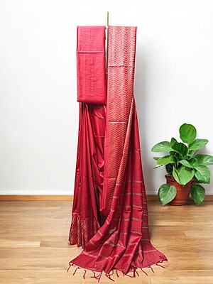 Thread Kota Silk Red Saree with Running Blouse