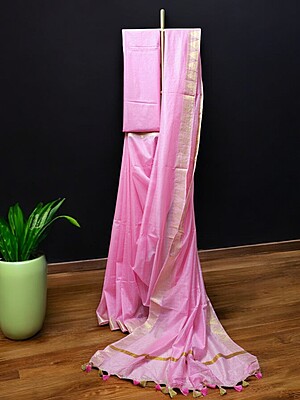 Pink Kota Silk Saree with gold zari border with Running Blouse