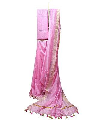 Pink Kota Silk Saree with gold zari border with Running Blouse
