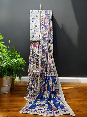 Indigo & Maroon Kalamkari Cotton Saree with Unstitched Blouse