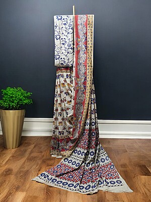 Red & Green Kalamkari Print Saree with Running Blouse