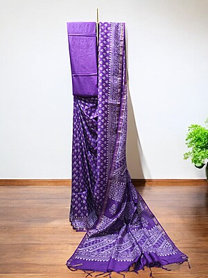 Purple Block Print Silk Saree with Running Blouse
