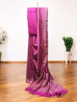 Pink Block Print Saree with Running Blouse