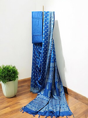 Blue Block Print Silk Saree with Running Blouse
