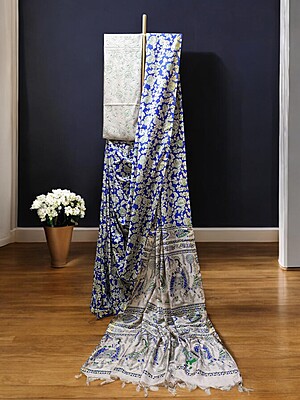 Indigo Kalamkari Print Saree with Unstitched Blouse