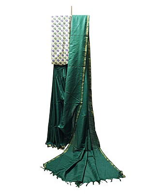Green Plain Saree with Printed Blouse