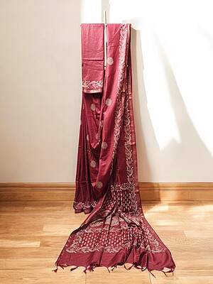 Maroon Block Print Silk Saree with Running Blouse