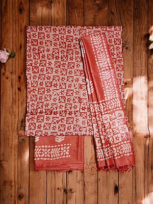 Orange Unstitched Batik Print Cotton Salwar Suit Dress Material with Dupatta