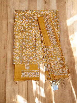 Yellow Unstitched Batik Print Katan Silk Salwar Suit Dress Material with Dupatta