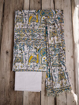 Green Madhubani Print Unstitched Katan Silk Salwar Suit with Dupatta